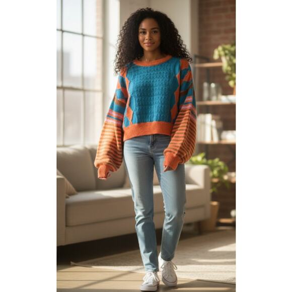 Cider Round Neckline Position Stripe Knitted Crop Sweater Medium - Picture 4 of 11